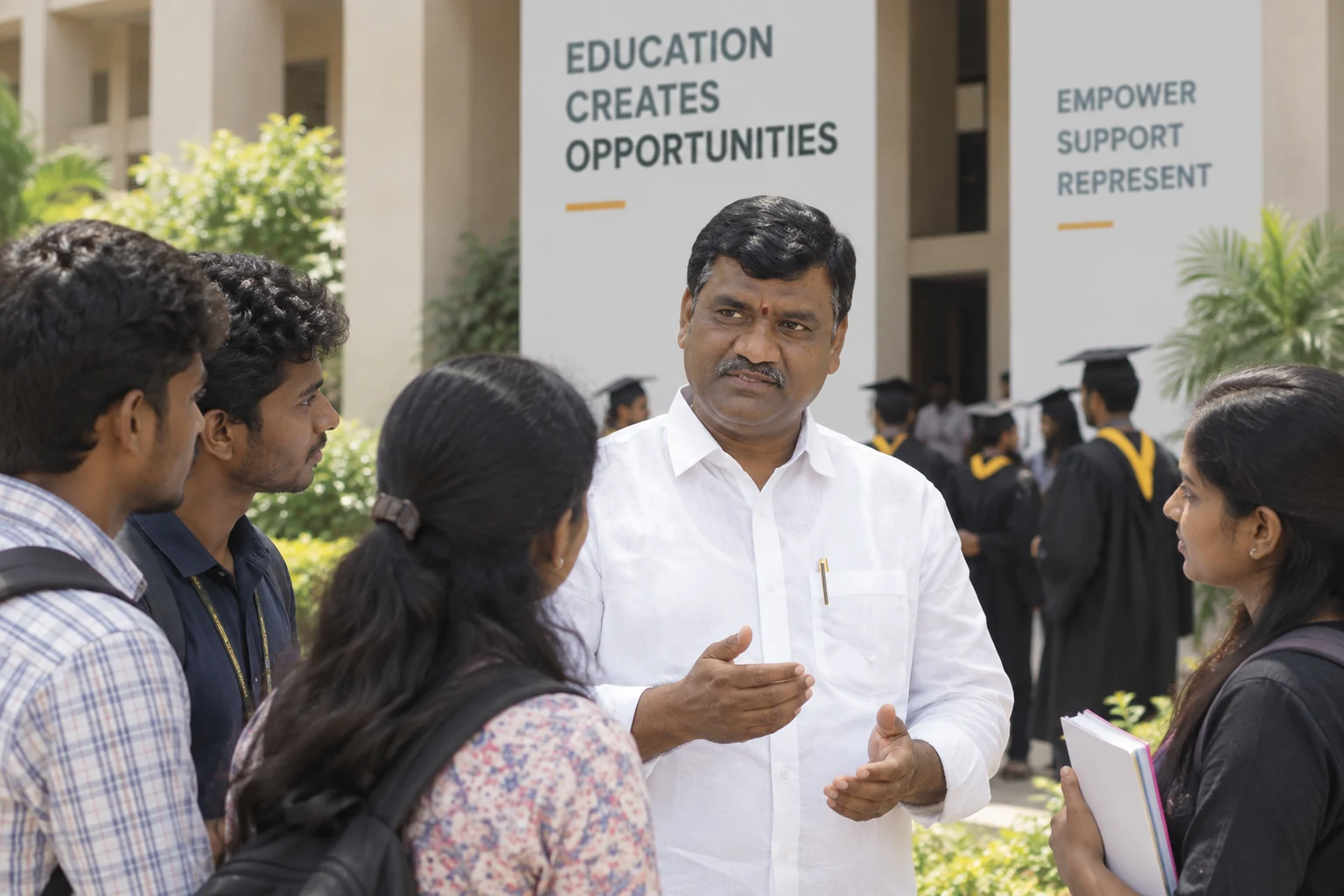 Gouri Satish speaking with graduating students, beside a sign reading "Education Creates Opportunities"